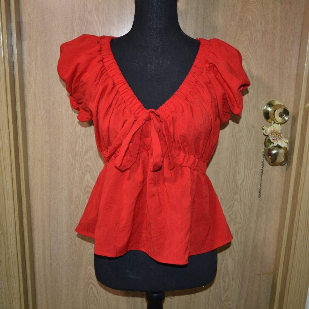 Sienna Sky Bold Red Puff Sleeve Flirty Summer Spring Romance Peplum Vacation Top